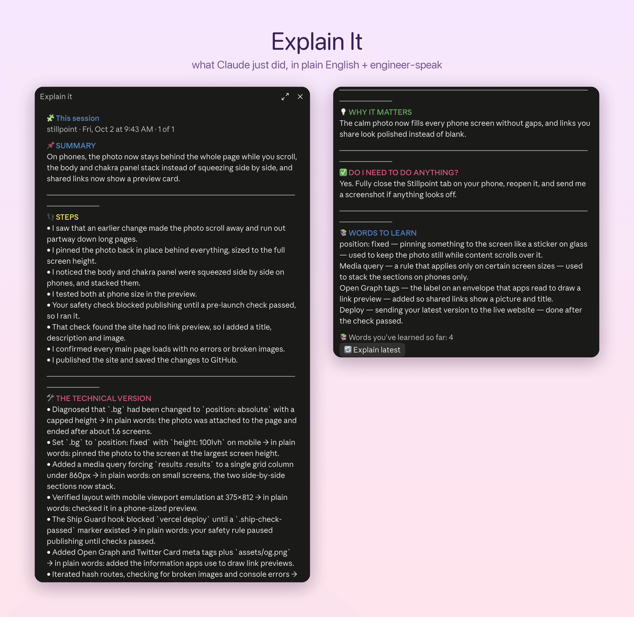 Explain It's side panel in the Claude desktop app: a summary, the steps in plain English, the technical version, why it matters, whether to do anything, and words to learn