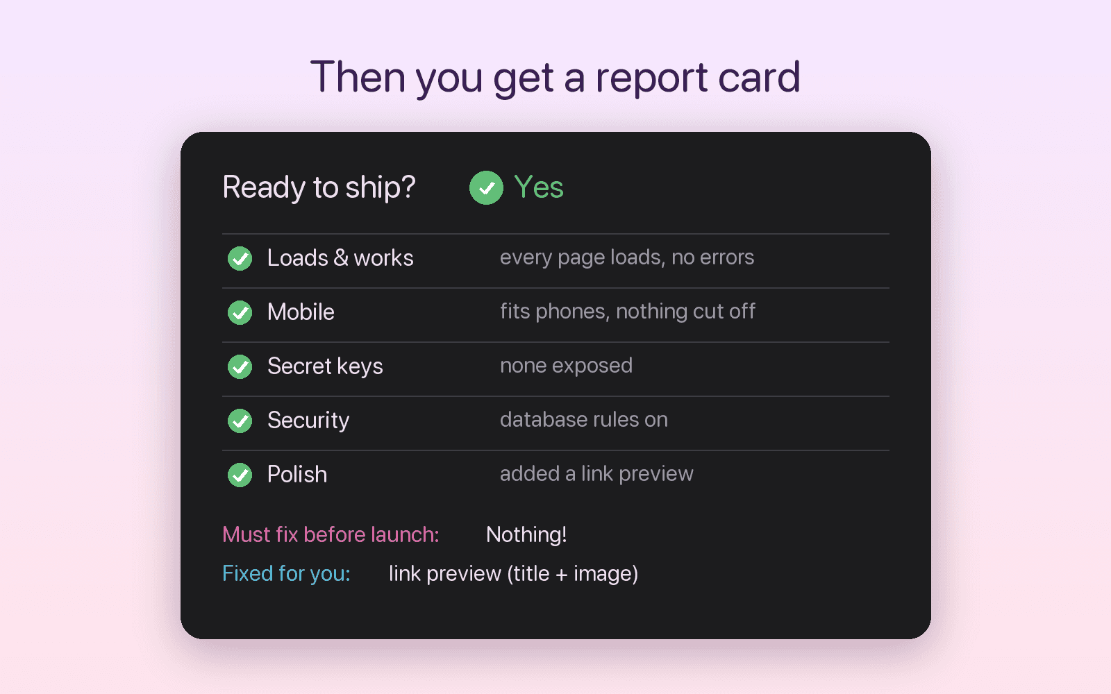 A Ship Check report card: ready, ready with small fixes, or not yet, with what was fixed and what's left