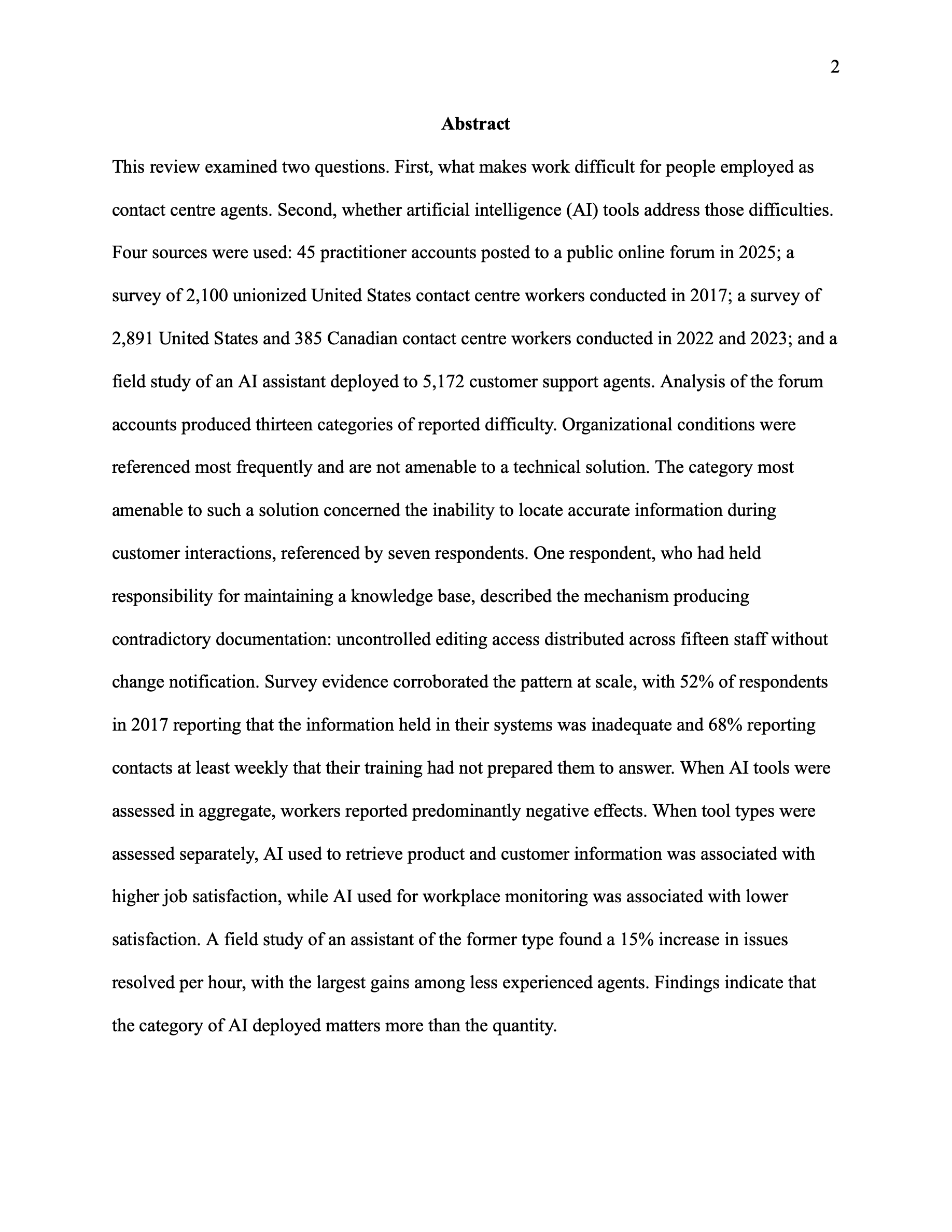 Page two of the review, the abstract, setting out the two questions, the four sources, and the finding that the category of AI deployed matters more than the quantity