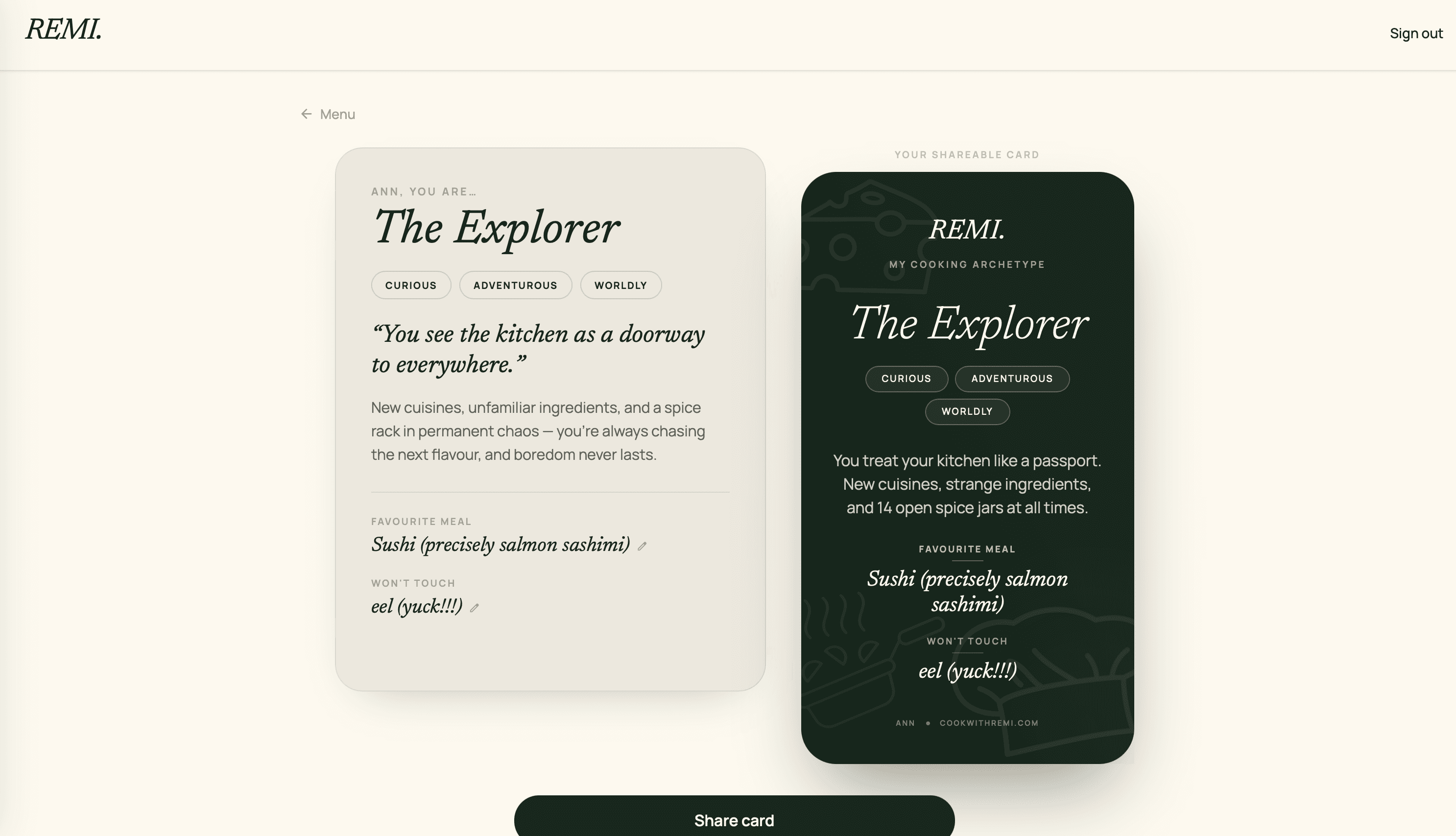 The cooking archetype result (The Explorer), shown as a detail panel beside a dark shareable card