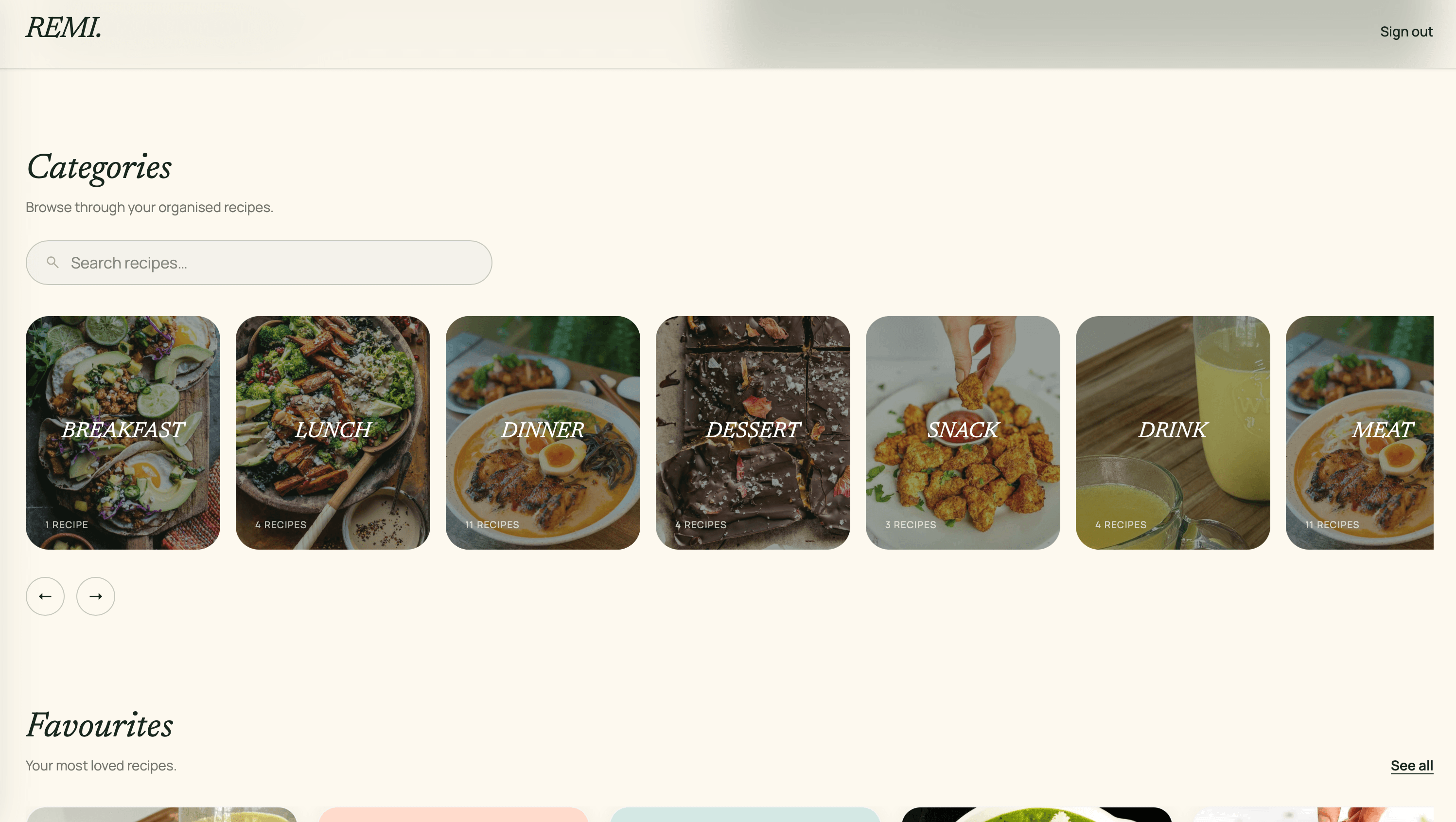 The categories screen: a recipe search field above a row of category cards (breakfast, lunch, dinner, dessert, snack, drink, meat), each with its recipe count