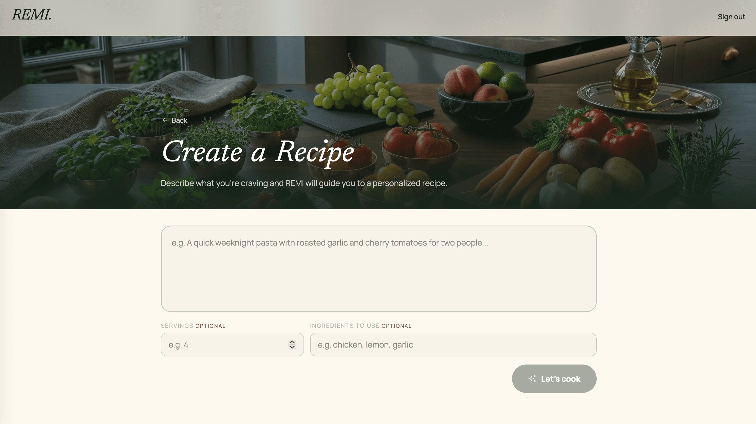 Create a recipe: a prompt field for describing a craving, with optional servings and ingredients, over a photograph of a kitchen counter