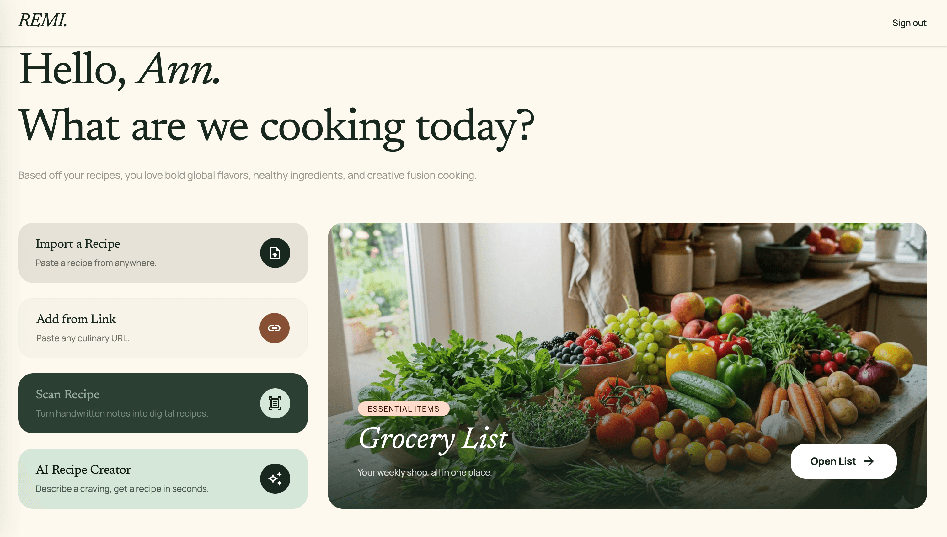 Remi's dashboard: import a recipe, add from a link, scan handwritten notes, or generate one, beside a grocery list card