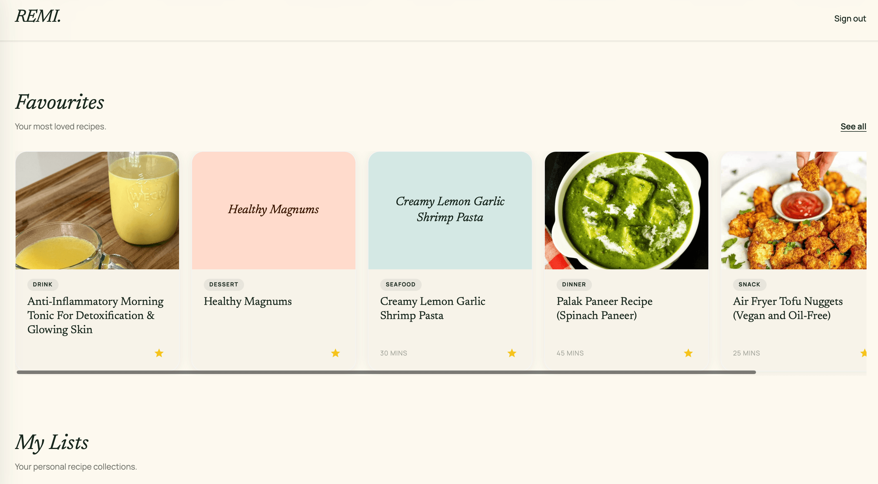 The favourites screen: a scrolling row of saved recipe cards, each tagged with its category and cooking time