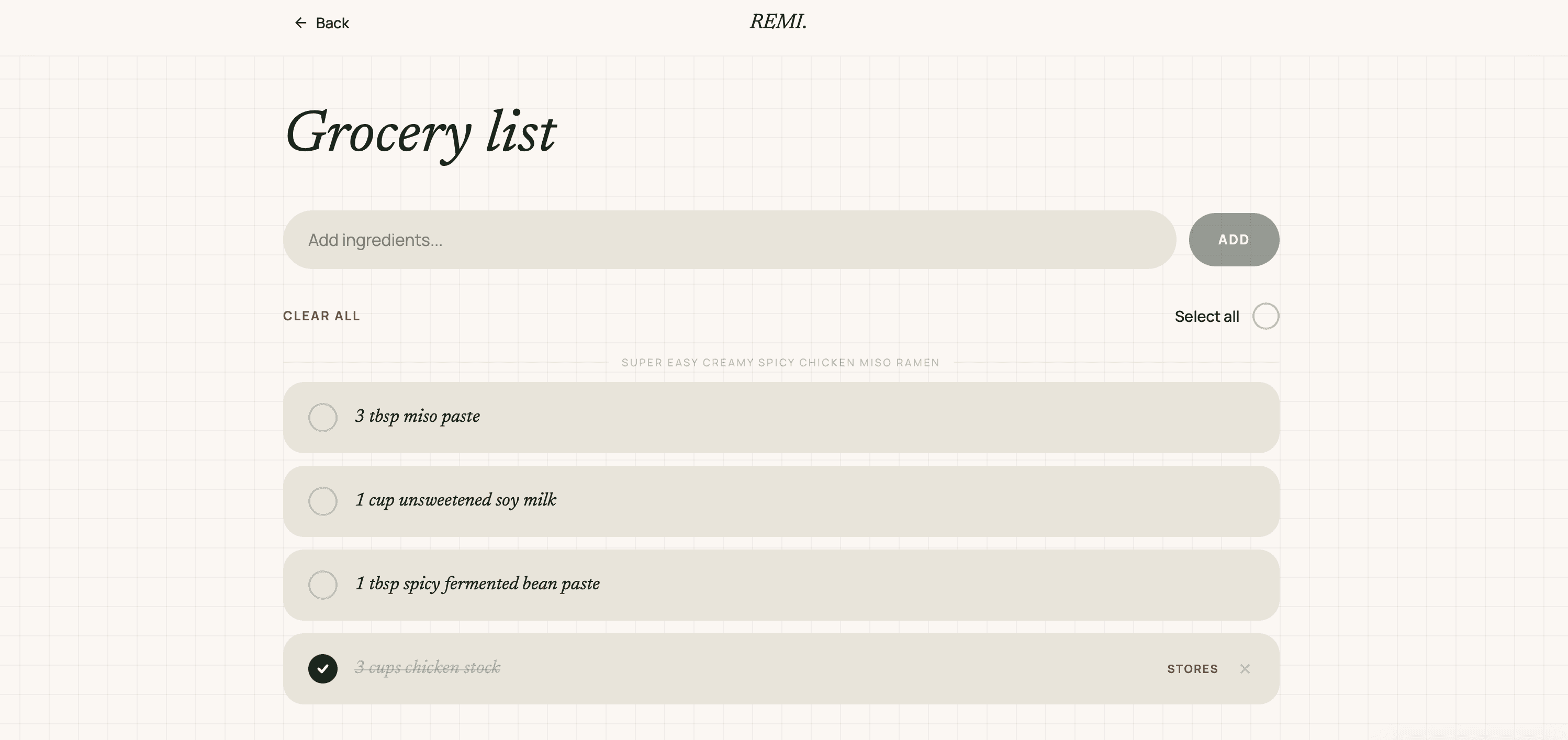 The grocery list: ingredients grouped under their recipe, each with a checkbox, one ticked off and struck through
