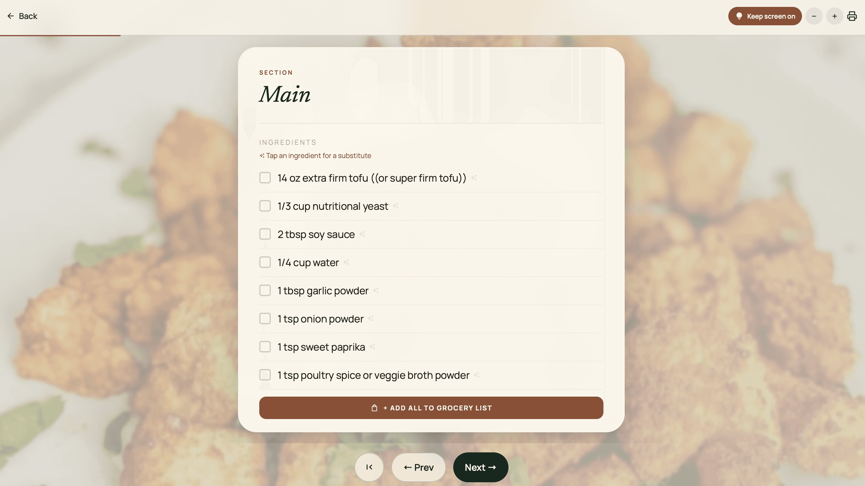 A recipe's ingredients, each with a checkbox and a substitute prompt, over a blurred photograph of the finished dish, with a button to add them all to the grocery list