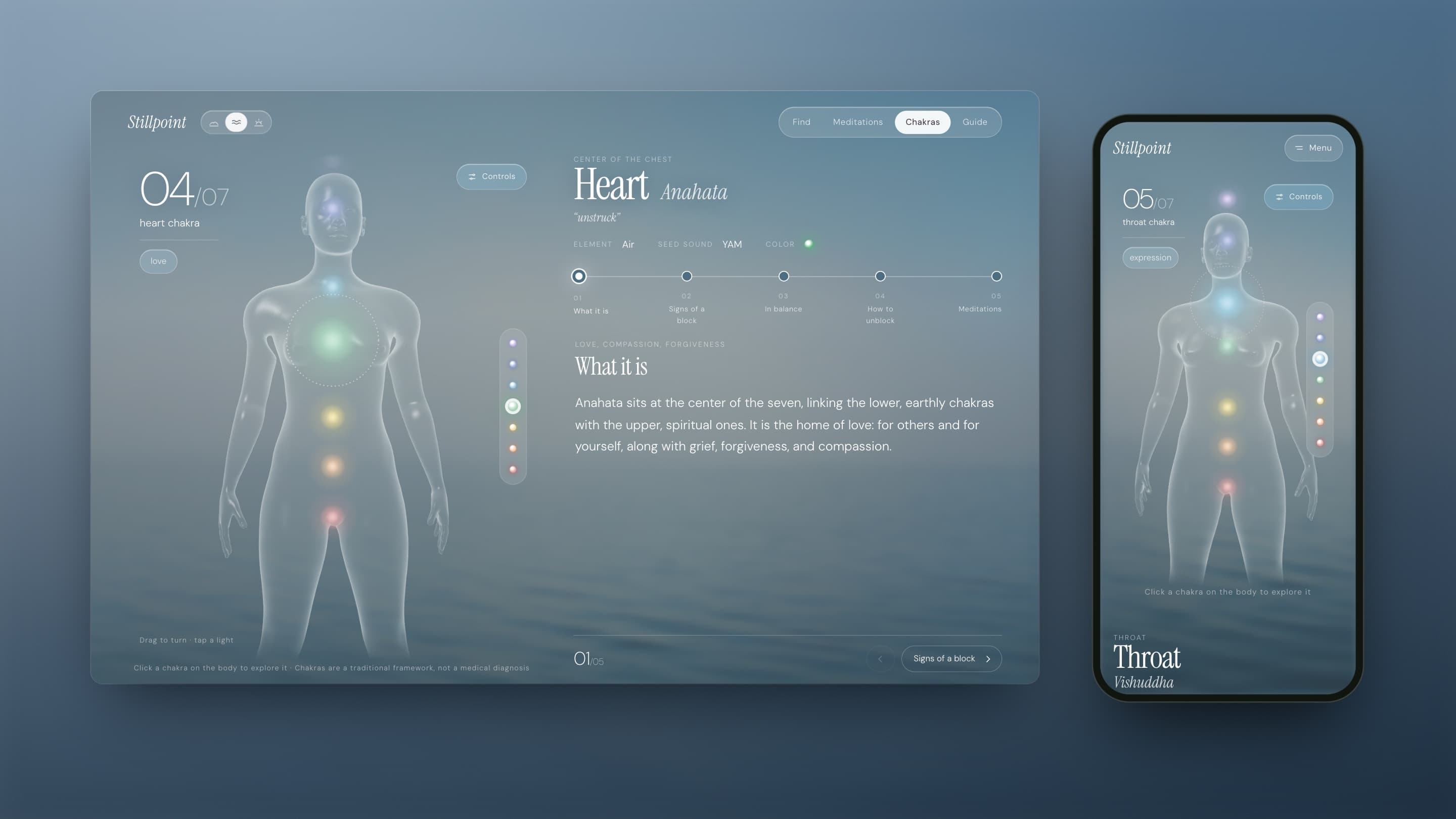 The Chakras page on desktop and phone: a glass-like 3D body with the heart chakra glowing green on desktop and the throat chakra on the phone, a column of seven coloured dots to pick a chakra, and a five-step guide