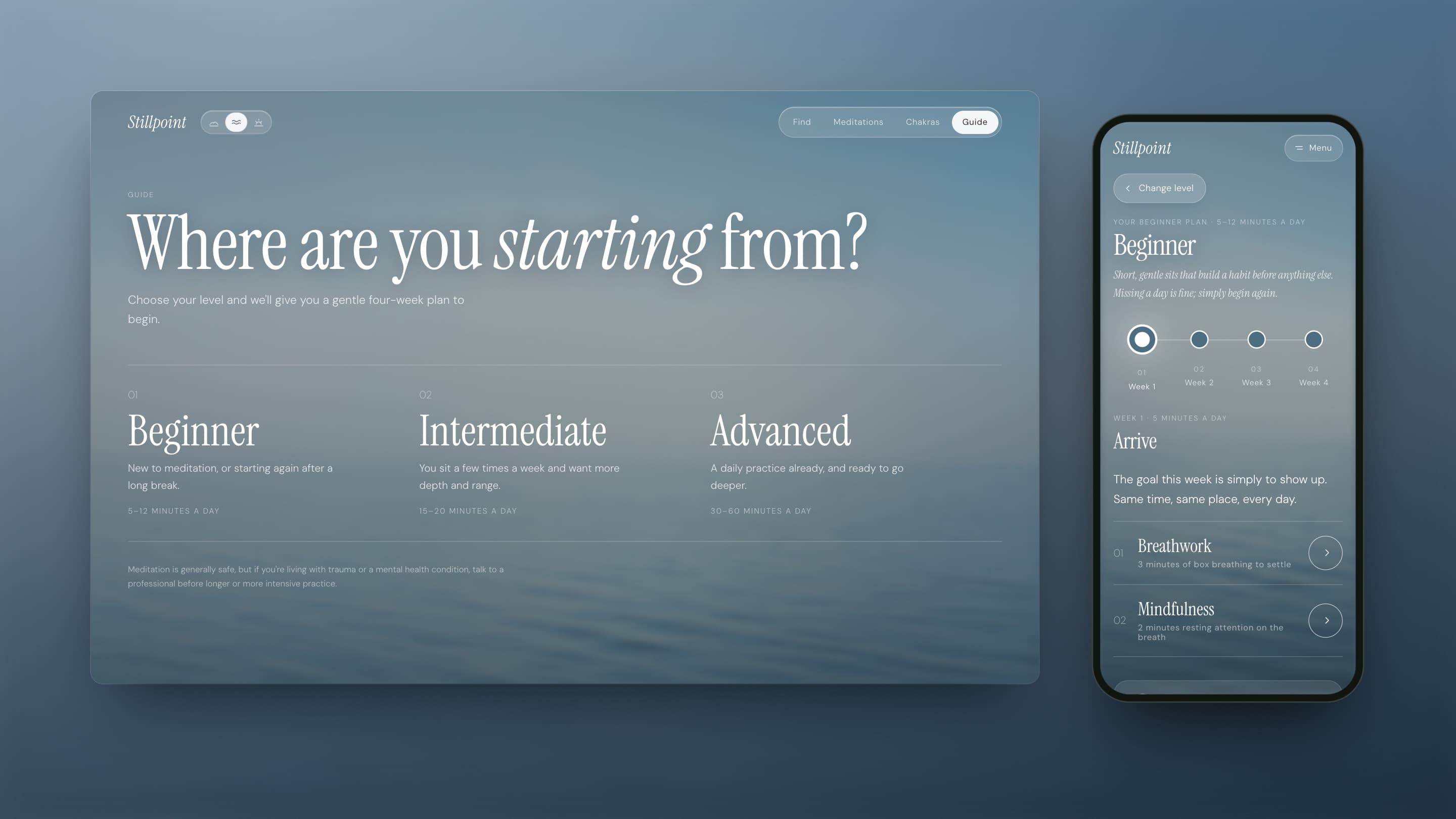 The Guide on desktop and phone: “Where are you starting from?” with beginner, intermediate and advanced plans, and the phone showing week one of the beginner plan