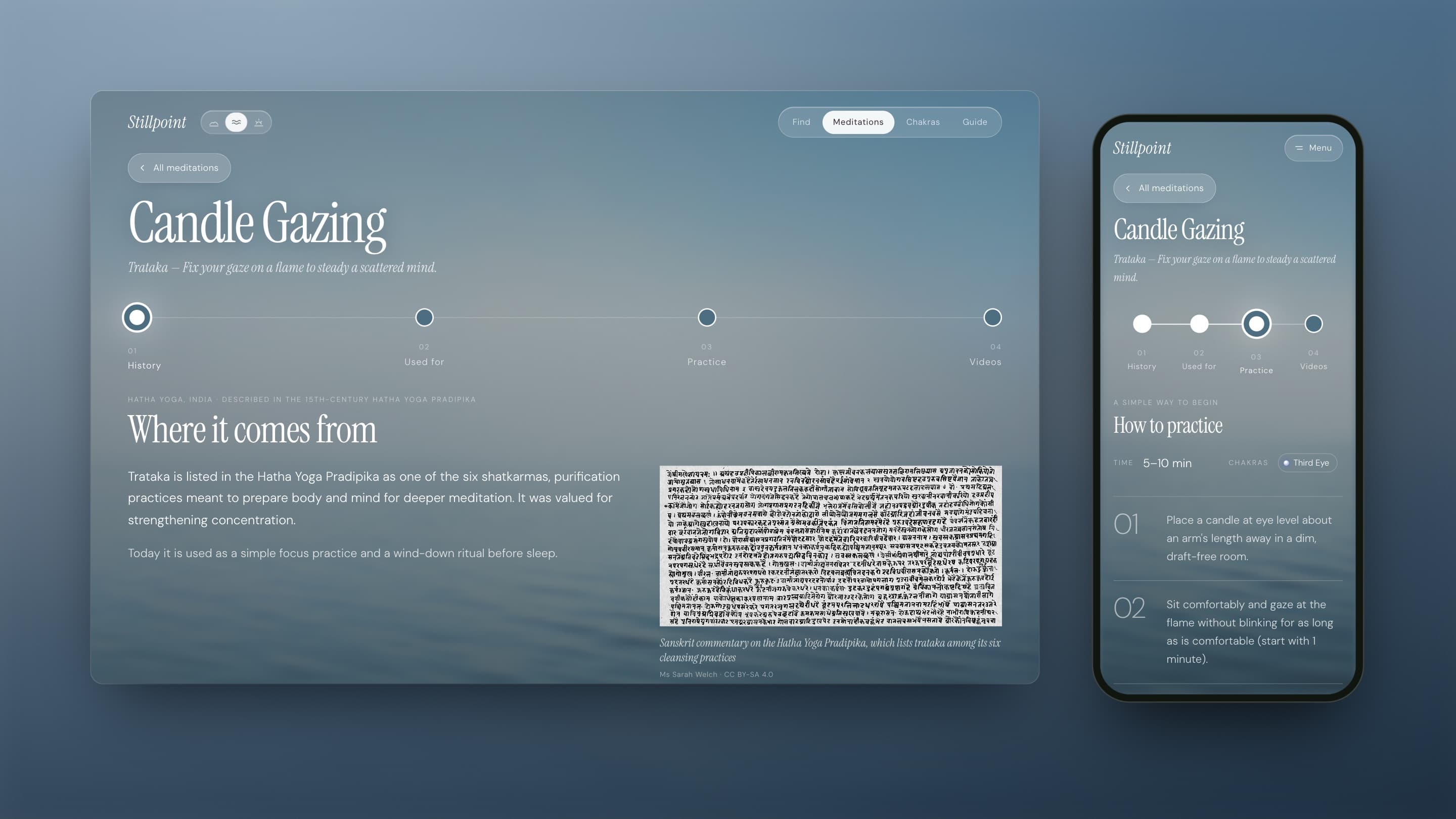 Candle Gazing on desktop and phone: a four-step timeline (history, used for, practice, videos), the desktop opening on its history beside a page of the Hatha Yoga Pradipika, the phone on how to practice