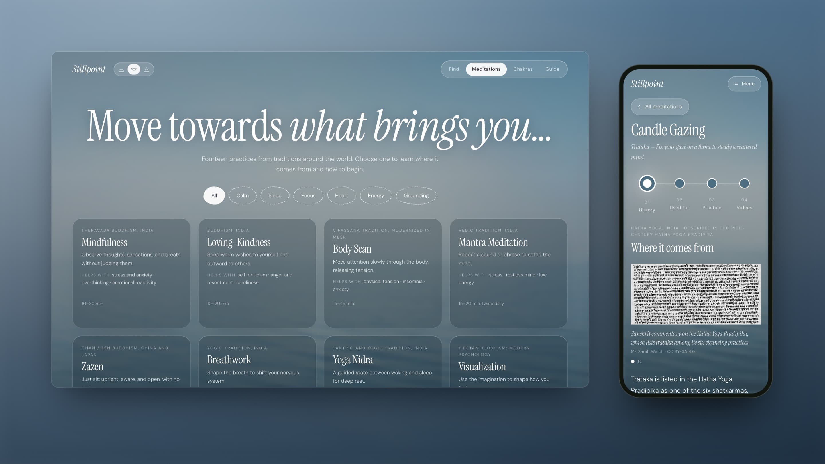 The Meditations library on desktop: the headline “Move towards what brings you…”, filter bubbles and frosted-glass cards for each practice, beside a phone showing Candle Gazing's history
