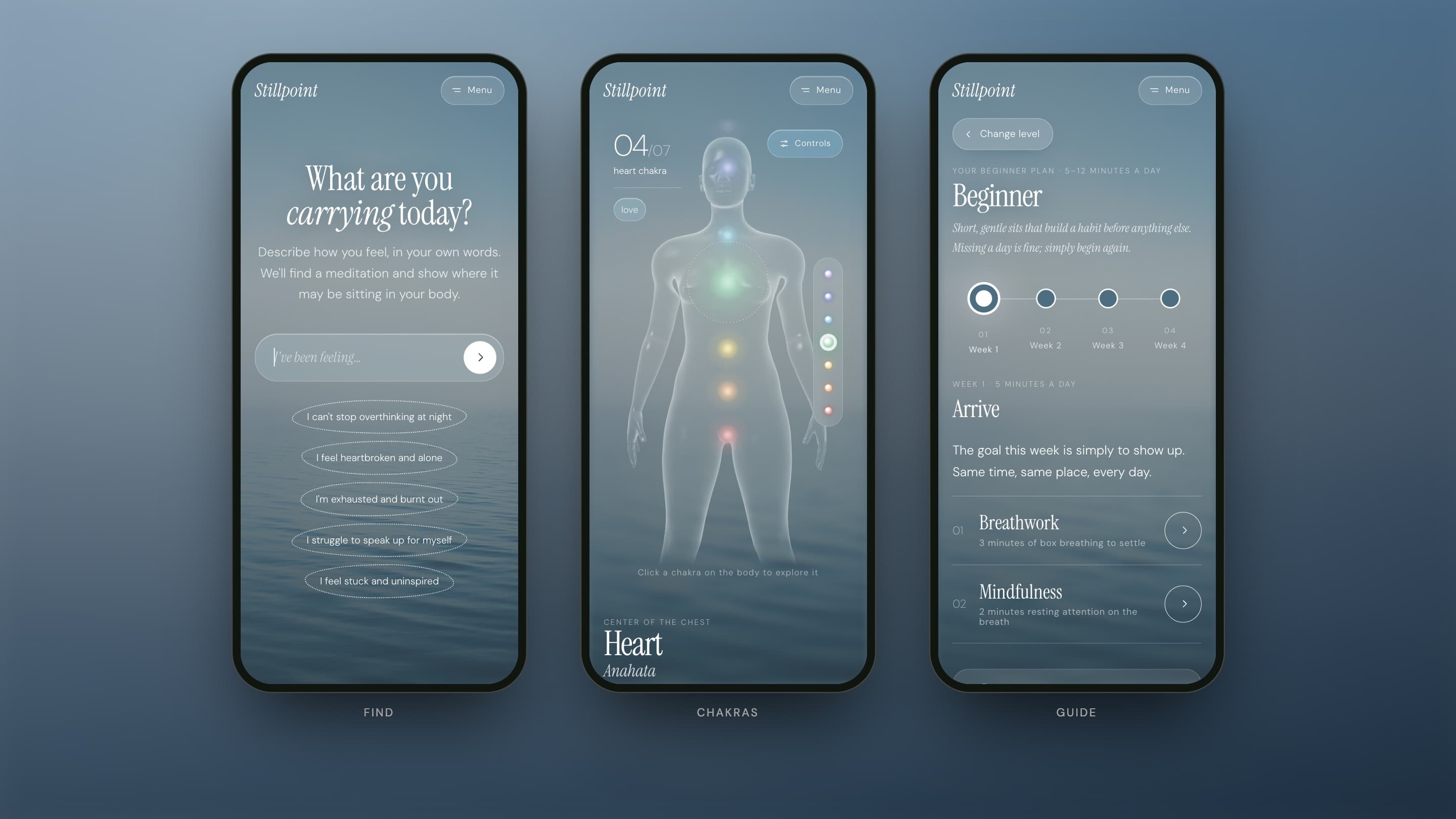 Three phones side by side: the Find page, the 3D body with the heart chakra glowing, and the beginner Guide plan, all over calm blue water