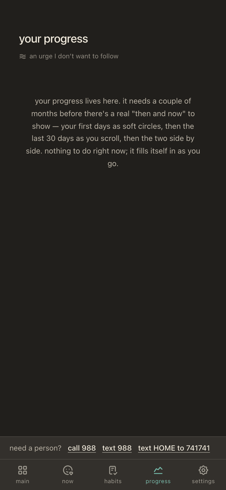 The progress screen, saying outright that it needs a couple of months before there is a real then-and-now to show