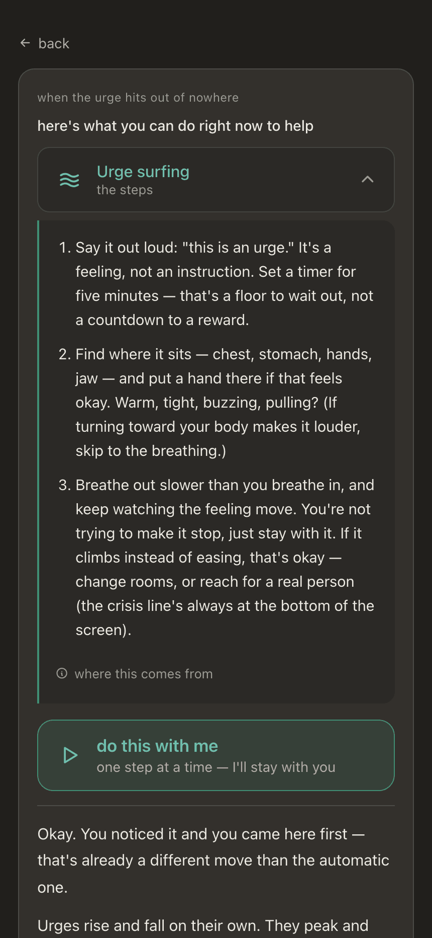A skill card for urge surfing (say it out loud, set a five-minute timer, find where it sits in the body), with a note saying where it comes from